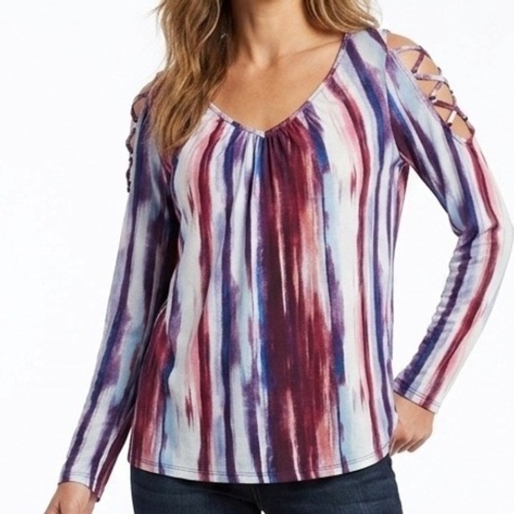 Jennifer Lopez Womens Small Pink Purple Watercolor Stripe Lattice Cold Shoulder
